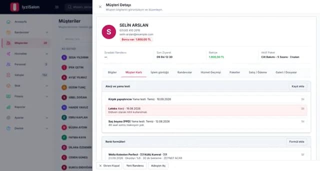 IyziSalon müşteri kartı: alerji ve yama testi kayıtları ile renk formülü geçmişi