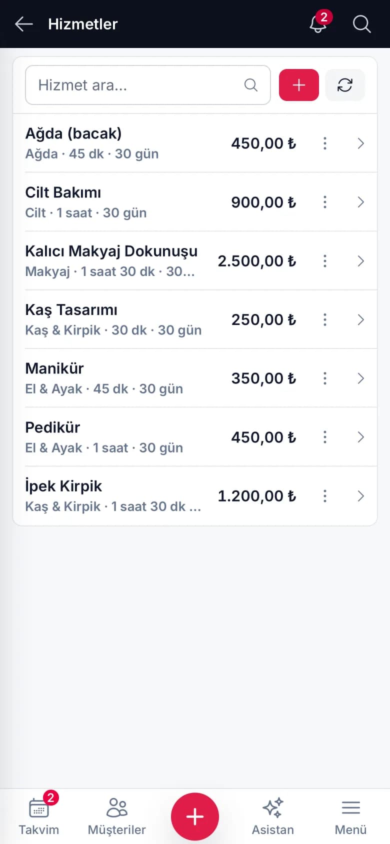 IyziSalon hizmet listesi: süre, fiyat ve hatırlatma aralığıyla tanımlı hizmetler (telefon görünümü)
