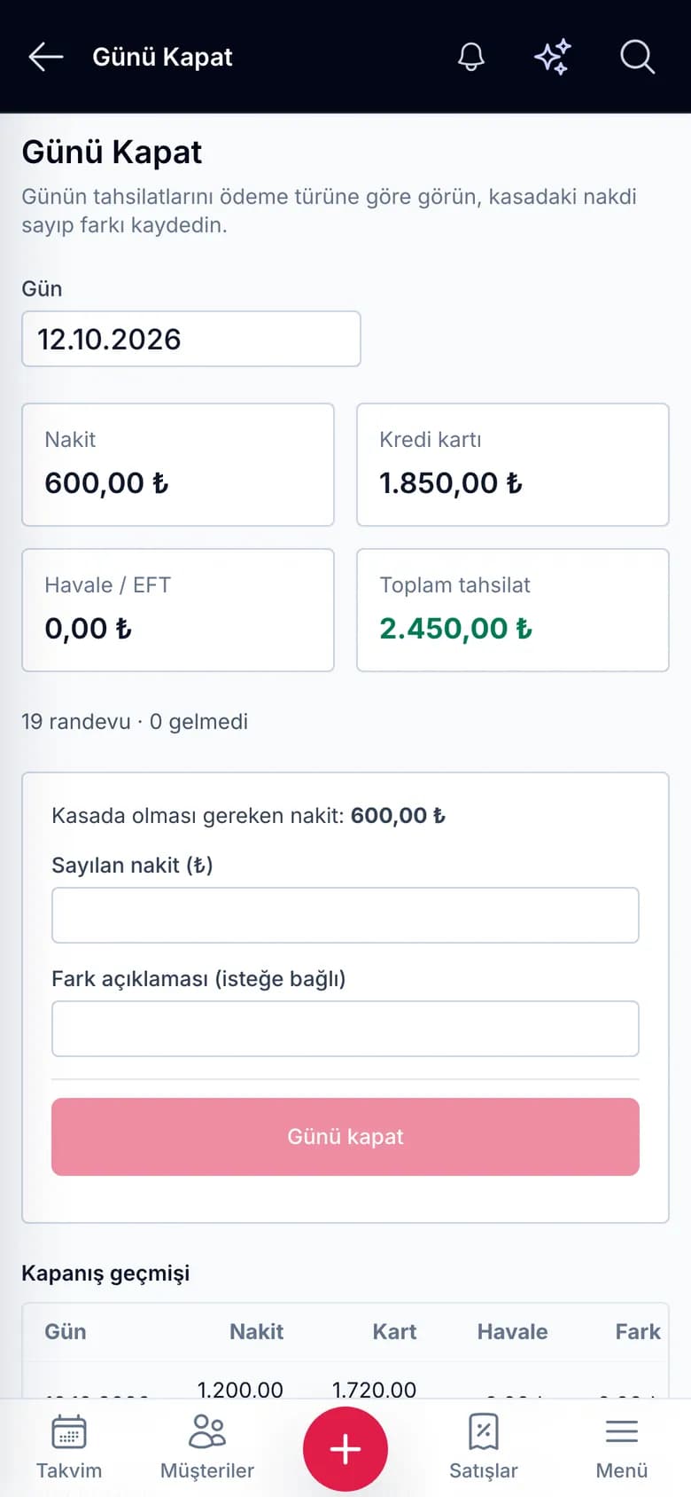 IyziSalon günü kapat ekranı: nakit, kredi kartı ve havale tahsilat toplamları ile kapanış geçmişi (telefon görünümü)