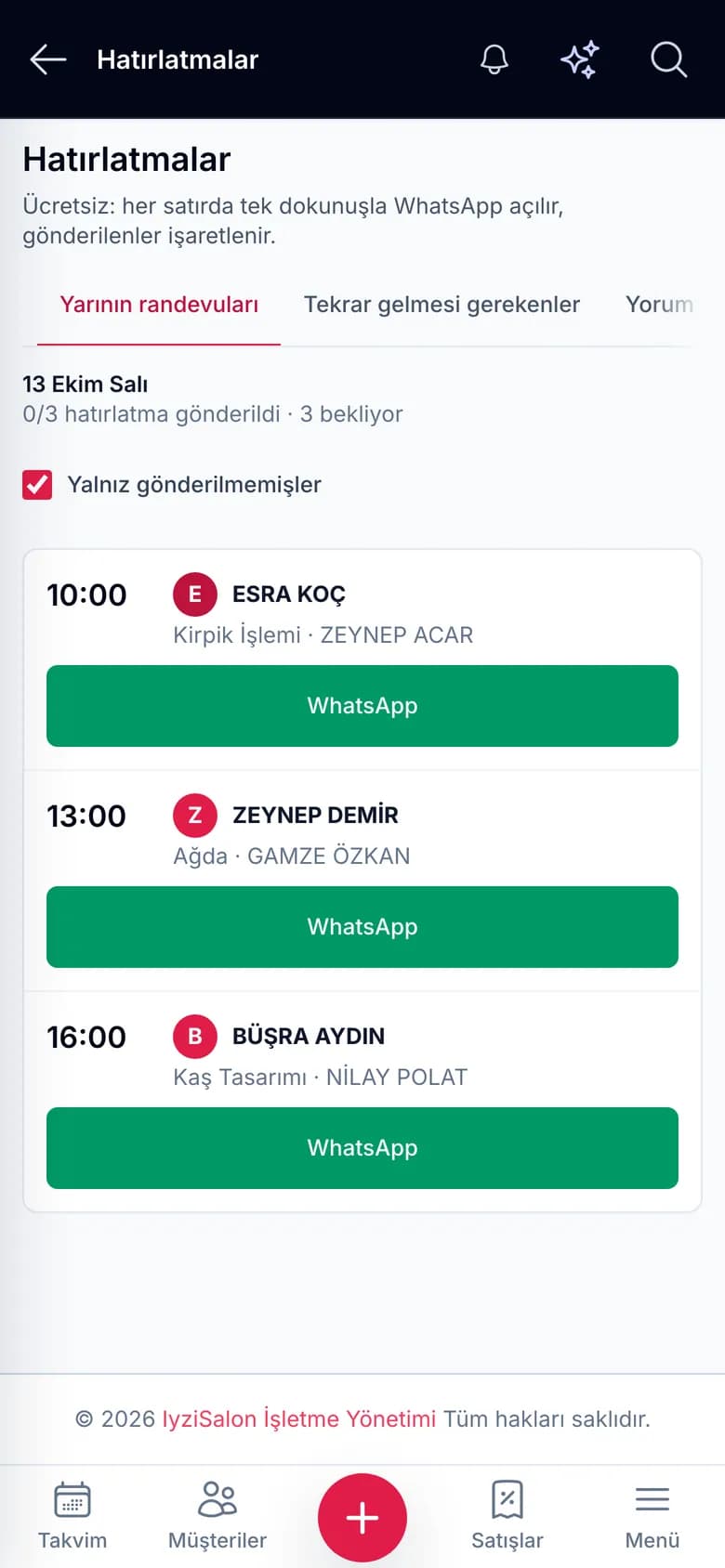IyziSalon hatırlatmalar ekranı: yarınki randevular, tekrar gelmesi gerekenler ve WhatsApp ile gönderim düğmeleri (telefon görünümü)