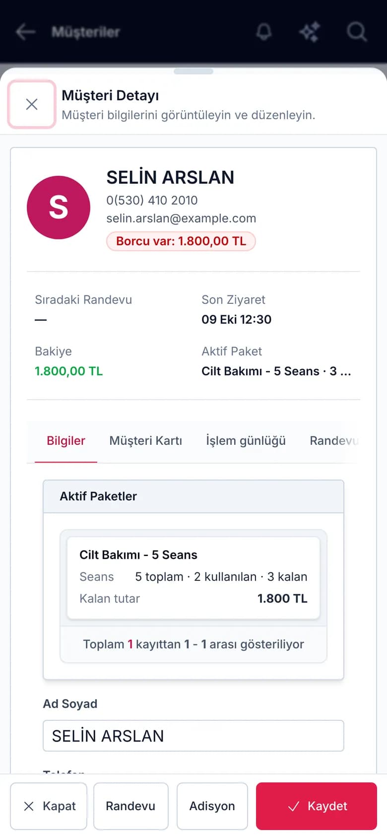 IyziSalon müşteri profili: aktif seans paketi, kalan seans, borç bilgisi ve sıradaki randevu (telefon görünümü)