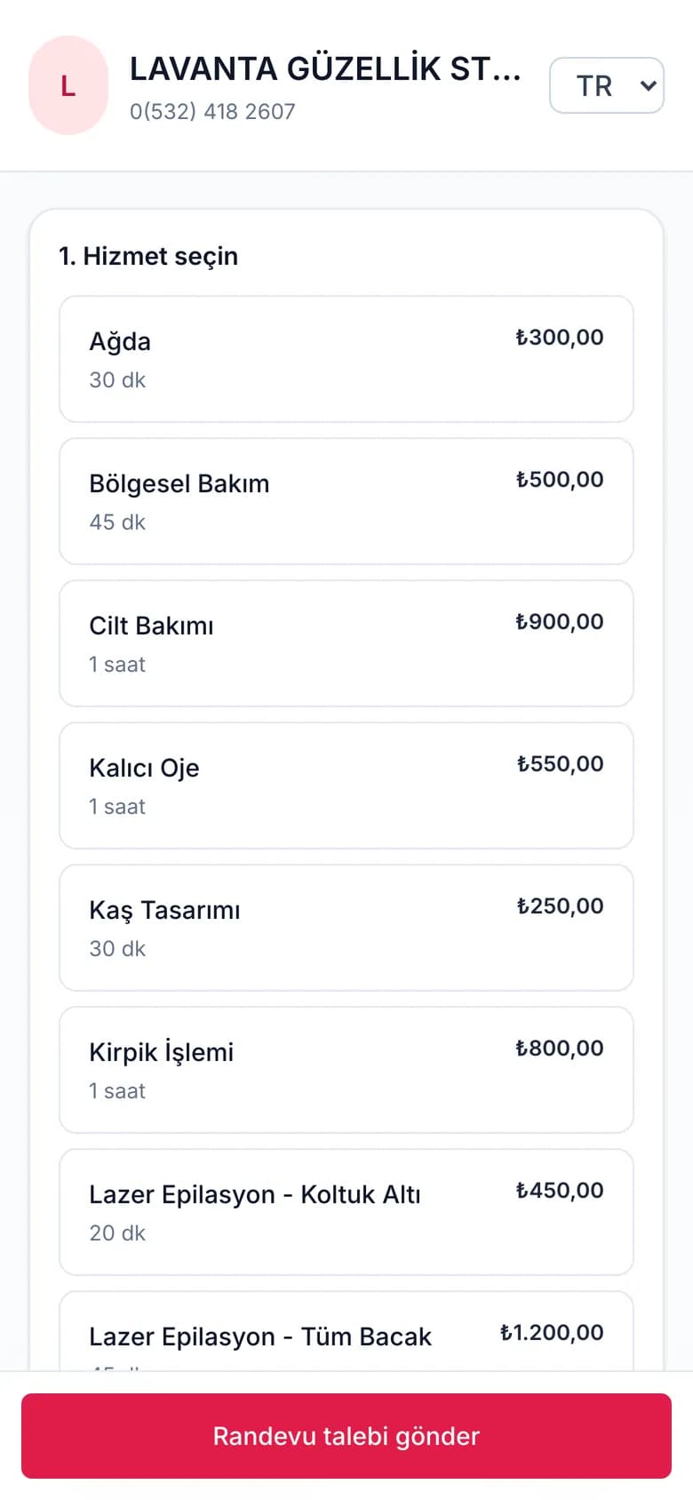 IyziSalon online randevu sayfası: müşterinin hizmet seçtiği ve randevu talebi gönderdiği ekran (telefon görünümü)