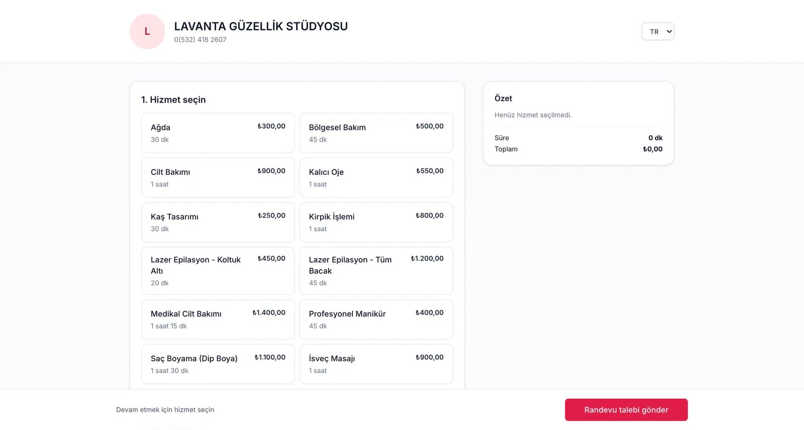IyziSalon online randevu sayfası: müşterinin hizmet seçtiği ve randevu talebi gönderdiği ekran