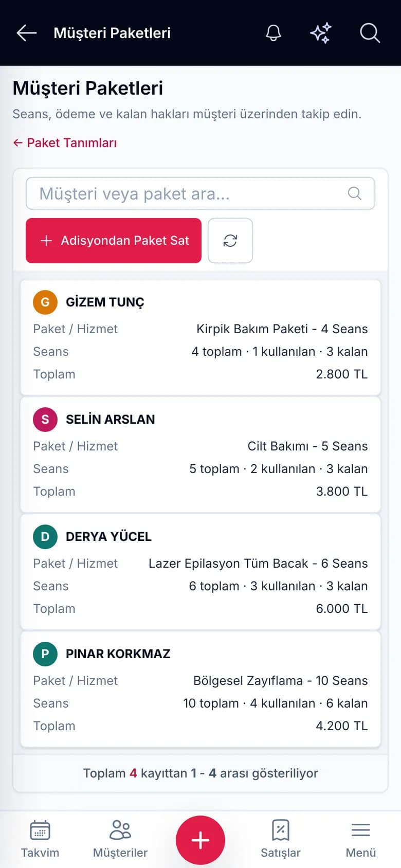 IyziSalon müşteri paketleri: toplam, kullanılan ve kalan seans ile ödenen ve kalan tutar (telefon görünümü)