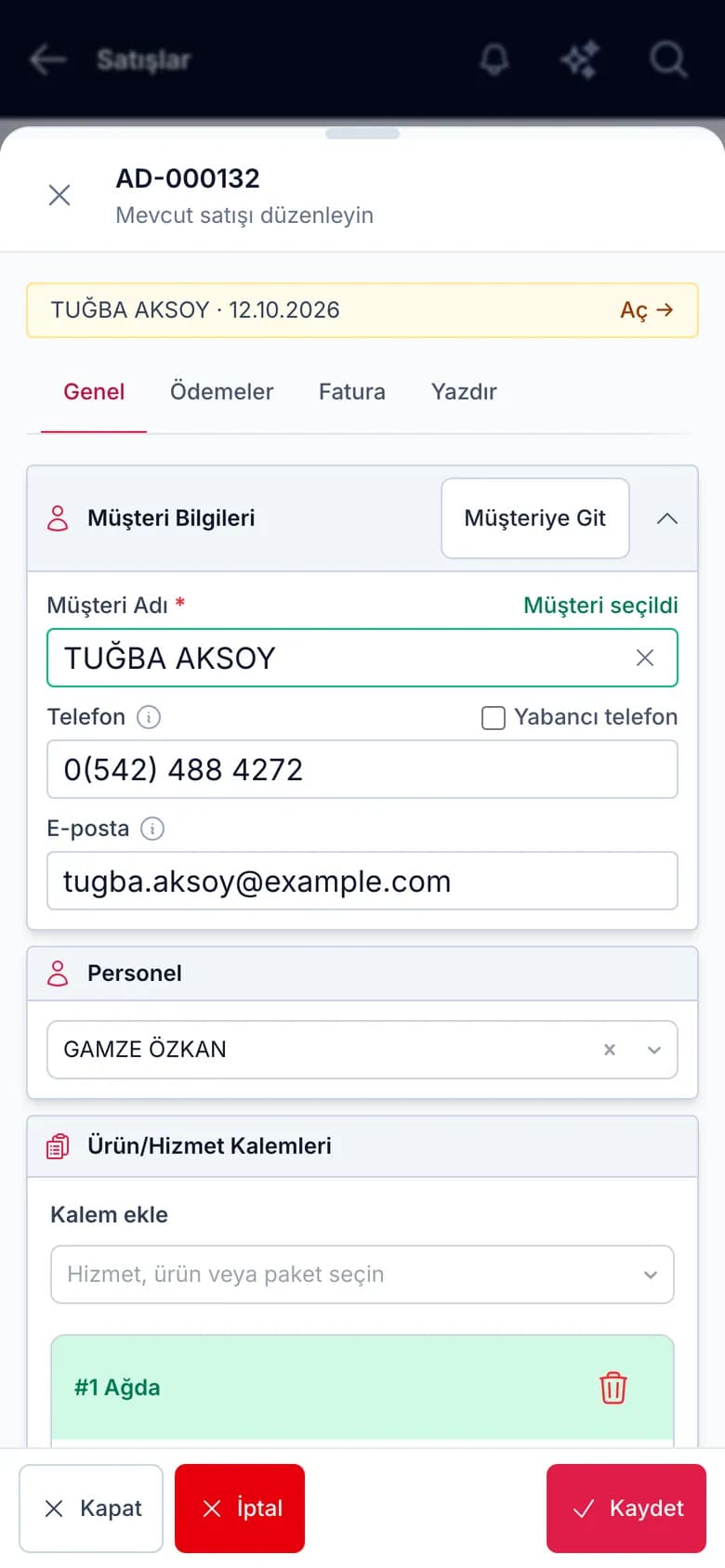 IyziSalon adisyon ekranı: hizmet ve ürün kalemleri, personel, kalan tutar ve ödeme özeti (telefon görünümü)