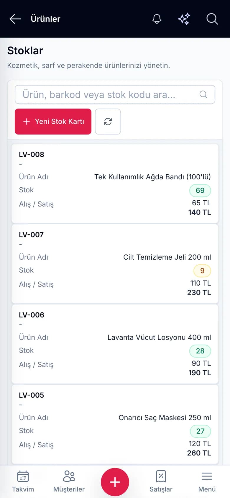 IyziSalon ürün ve stok listesi: stok kodu, kategori, marka, tedarikçi, stok adedi ve alış satış fiyatı (telefon görünümü)